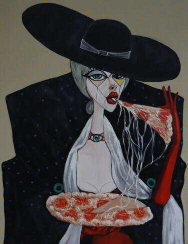 Malerei mit dem Titel "Queen of Pizza" von Ta Byrne, Original-Kunstwerk, Öl