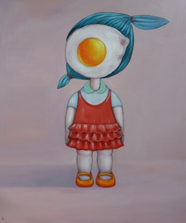 Malerei mit dem Titel "Cute Egg Girl" von Ta Byrne, Original-Kunstwerk, Öl