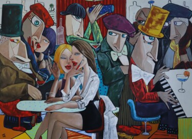 Schilderij getiteld "Harry's Bar" door Ta Byrne, Origineel Kunstwerk, Olie