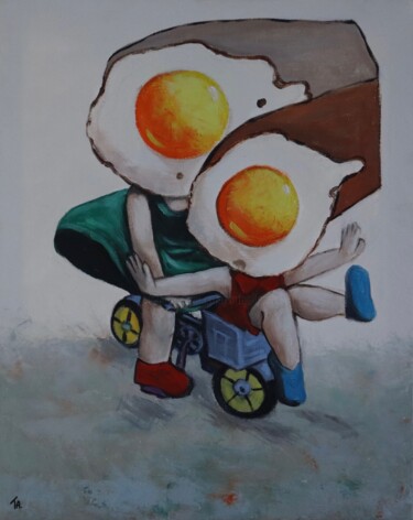 Painting titled "Egg Girls on a bike" by Ta Byrne, Original Artwork, Oil