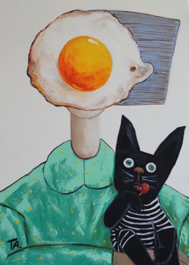 Painting titled "Egg girl with black…" by Ta Byrne, Original Artwork, Oil