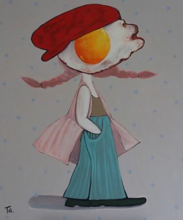 Painting titled "Egg girl in pink" by Ta Byrne, Original Artwork, Oil