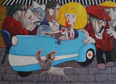 Schilderij getiteld "Walking the dog" door Ta Byrne, Origineel Kunstwerk, Olie