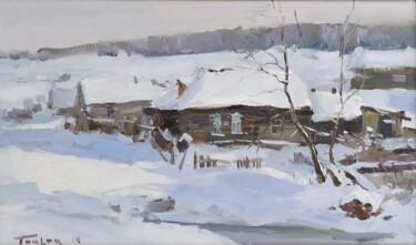 「Зимняя деревня」というタイトルの絵画 Таалайбек Мусурманкуловによって, オリジナルのアートワーク, オイル ウッドパネルにマウント