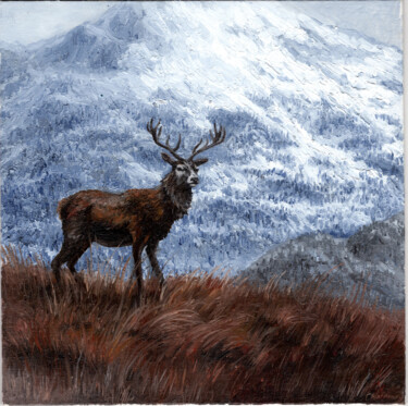 Painting titled "Stag near mountains" by Tabimory, Original Artwork, Oil