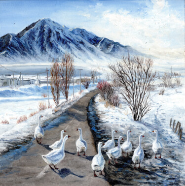 Schilderij getiteld "Geese" door Tabimory, Origineel Kunstwerk, Olie