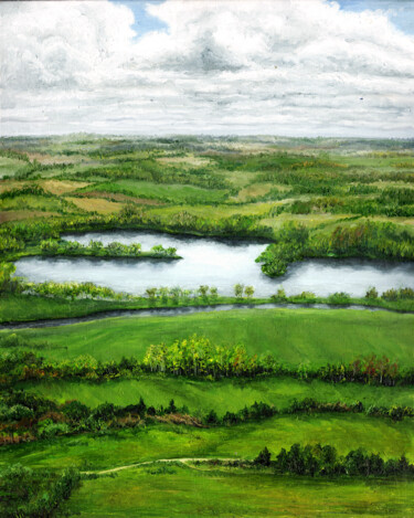 Painting titled "Green fields.  Ears…" by Tabimory, Original Artwork, Oil Mounted on Wood Panel