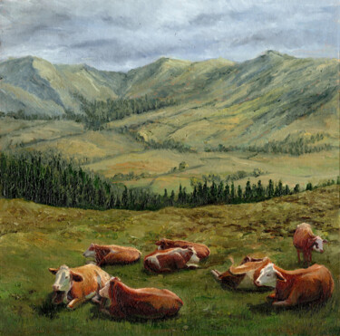 Peinture intitulée "cows resting in the…" par Tabimory, Œuvre d'art originale, Huile