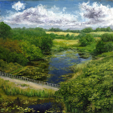Peinture intitulée "river and water lil…" par Tabimory, Œuvre d'art originale, Huile