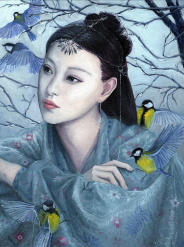 Pintura intitulada "lady and birds" por Tabimory, Obras de arte originais, Óleo