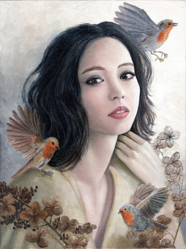 Malerei mit dem Titel "Robin Bird" von Tabimory, Original-Kunstwerk, Öl