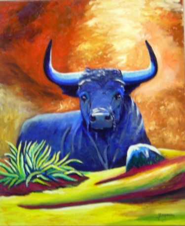 Peinture intitulée "Le Toro bleu bleu" par Tablogduperrier, Œuvre d'art originale, Huile