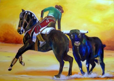 Peinture intitulée "Jeu entre le cheval…" par Tablogduperrier, Œuvre d'art originale, Huile