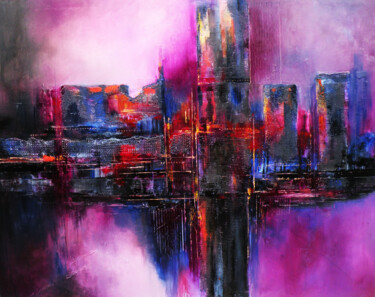 Malarstwo zatytułowany „purple town” autorstwa Tadeusz Machowski, Oryginalna praca, Olej