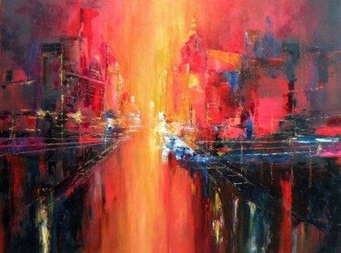 Painting titled "city full of hot pa…" by Tadeusz Machowski, Original Artwork, Oil