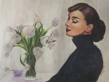 LES TULIPES BLANCHES. Peinture intitulée "LES TULIPES BLANCHE…" par J.Tafforeau, Œuvre d'art originale, Aquarelle