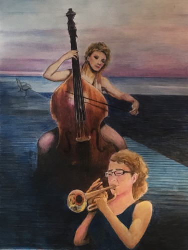 LES MUSICIENNES DU CRÉPUSCULE. Peinture intitulée "LES MUSICIENNES DU…" par J.Tafforeau, Œuvre d'art originale, Aquarelle
