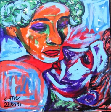 Painting titled "Baiser" by Georges Tag, Original Artwork, Acrylic Mounted on Wood Stretcher frame
