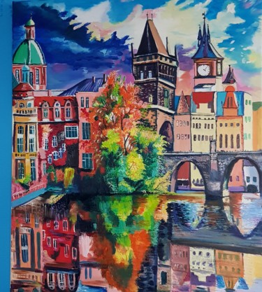 Peinture intitulée "la ville" par Tahira Quliyeva, Œuvre d'art originale, Huile