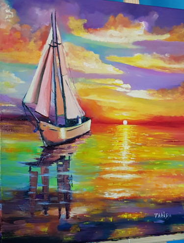 Painting titled "L'ocean et le batea…" by Tahira Quliyeva, Original Artwork, Oil