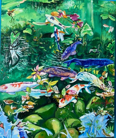 Schilderij getiteld "poisson dans la riv…" door Tahira Quliyeva, Origineel Kunstwerk, Olie