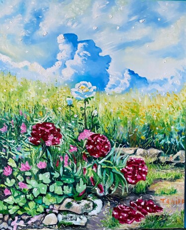 Pintura intitulada "jardin de fleurs" por Tahira Quliyeva, Obras de arte originais, Óleo Montado em Armação em madeira