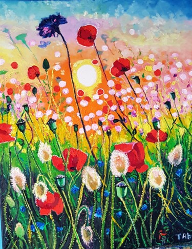 Schilderij getiteld "Fleurs rouges" door Tahira Quliyeva, Origineel Kunstwerk, Olie Gemonteerd op Houten paneel