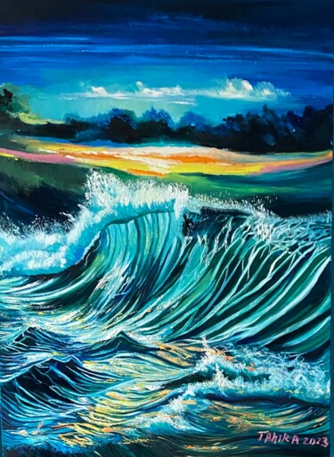 Painting titled "vagues de la mer" by Tahira Quliyeva, Original Artwork, Oil Mounted on Wood Stretcher frame