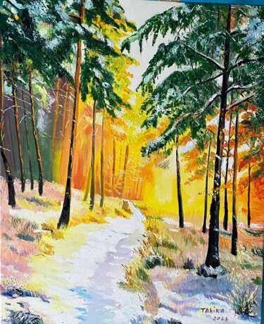 Painting titled "forêt d'hiver" by Tahira Quliyeva, Original Artwork, Oil Mounted on Wood Stretcher frame