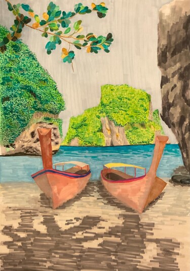 Painting titled "Praia de Railay, Ta…" by Taicil, Original Artwork, Marker