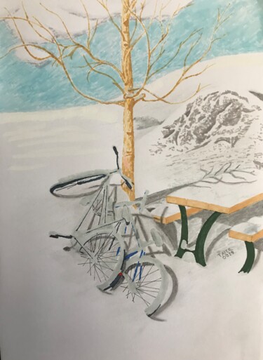 Pintura titulada "Bicicletas na neve" por Taicil, Obra de arte original, Rotulador
