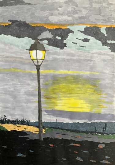 Pittura intitolato "Crepúsculo em Mafra…" da Taicil, Opera d'arte originale, Pennarello