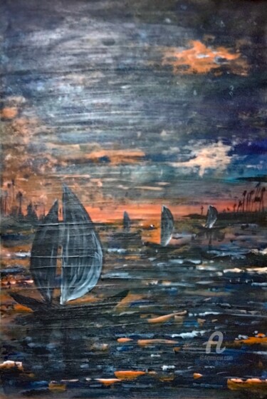 Painting titled "River Side Evening" by Taijul Islam, Original Artwork, Acrylic