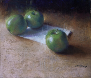 Schilderij getiteld "Three Green Apples" door Taimeng Lim, Origineel Kunstwerk, Pastel