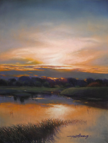 Painting titled "Peaceful Sunset" by Taimeng Lim, Original Artwork, Pastel