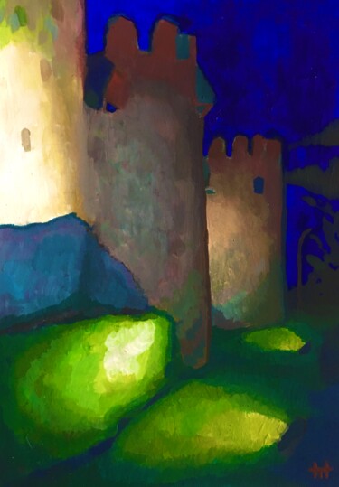 Painting titled "Castle walls of Tel…" by Tair Tabiyev, Original Artwork, Oil Mounted on Cardboard