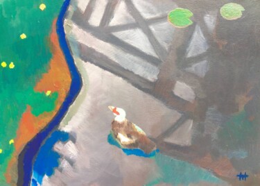 Painting titled "Duck" by Tair Tabiyev, Original Artwork, Oil Mounted on Cardboard