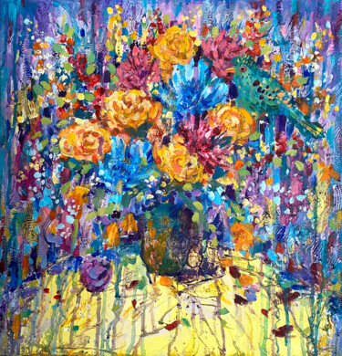 Картина под названием "Bouquet de roses ja…" - Taisiia Gruzdeva, Подлинное произведение искусства, Акрил Установлен на Дерев…