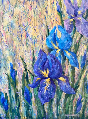 Painting titled "Dance of lilac iris…" by Taisiia Gruzdeva, Original Artwork, Acrylic Mounted on Wood Stretcher frame
