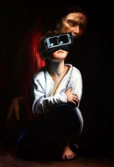 Painting titled "The boy with stereo…" by Vlad Takhtau, Original Artwork, Oil Mounted on Wood Stretcher frame