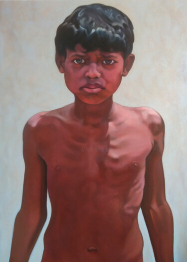 Painting titled "A boy in basti" by Takuart, Original Artwork, Oil