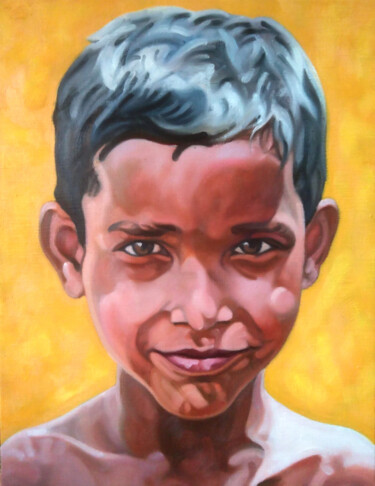 Painting titled "A boy on summer day" by Takuart, Original Artwork, Oil Mounted on Wood Stretcher frame