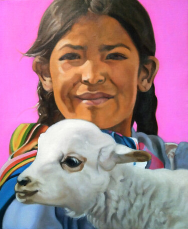 Painting titled "A girl with baby al…" by Takuart, Original Artwork, Oil Mounted on Wood Stretcher frame
