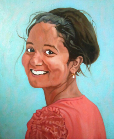 Painting titled "Cutie looking back…" by Takuart, Original Artwork, Oil Mounted on Wood Stretcher frame