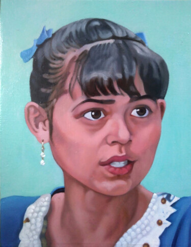 Painting titled "A girl in blue" by Takuart, Original Artwork, Oil Mounted on Wood Stretcher frame