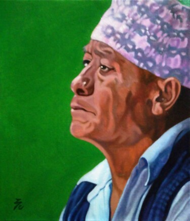 Painting titled "Old man with a topi…" by Takuart, Original Artwork, Oil