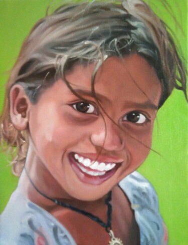 Painting titled "Smile! #1" by Takuart, Original Artwork, Oil Mounted on Wood Stretcher frame