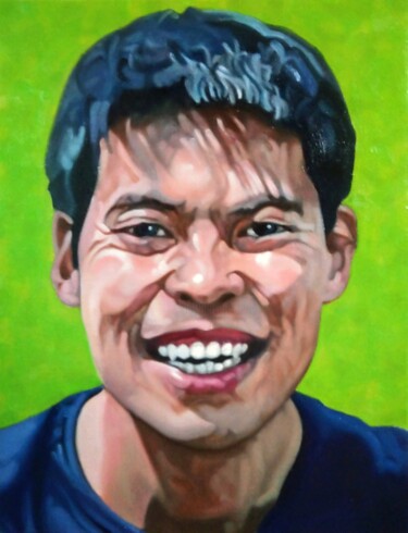 Painting titled "Smile! #2" by Takuart, Original Artwork, Oil Mounted on Wood Stretcher frame