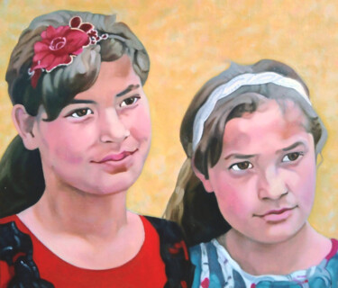 「Sisters」というタイトルの絵画 Takuartによって, オリジナルのアートワーク, オイル ウッドストレッチャーフレームにマウント
