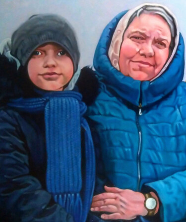 Painting titled "With Grandma" by Takuart, Original Artwork, Oil